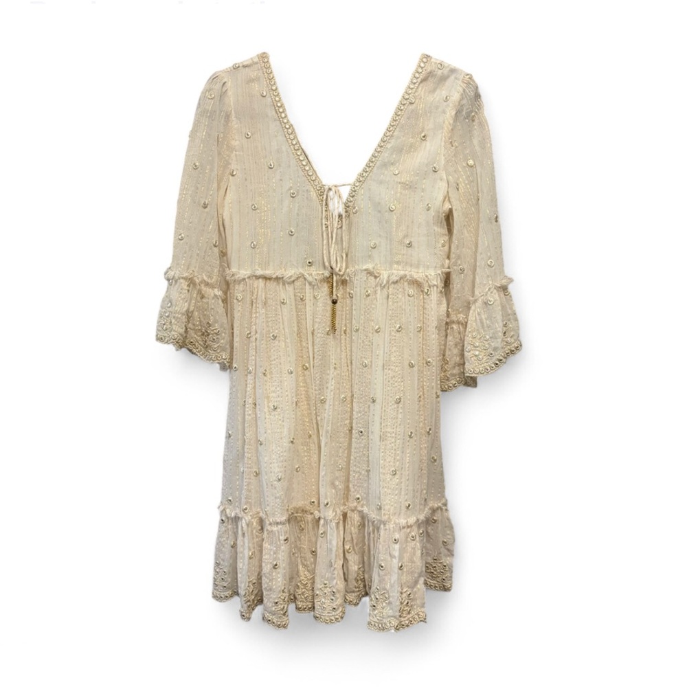 100% Cotton Boho Cream Mini Dress with bell sleeves. Gold, mirror, fringe